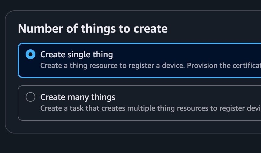 Choose create single thing if you want to register single devices